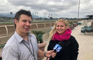 THT Reporter Josie Goldberg Being Interviewed by Former KTLA 5 News Reporter Steve Kuzj at Santa Anita About her Horses dying from running on the dirt track