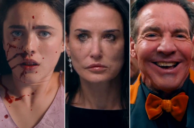 Margaret Qualley, Demi Moore, and Dennis Quaid star in The Substance