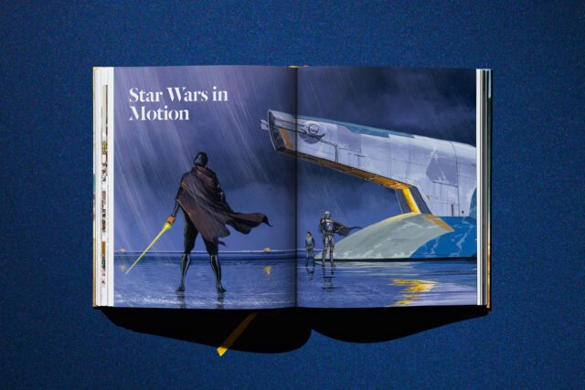 Taschen_CL_Lucas_Museum_0077_Vol1_232-233.psd An open book displays a two-page spread titled “Star Wars in Motion,” spread from the Lucas Museum of Narrrative Art and TASCHEN publication