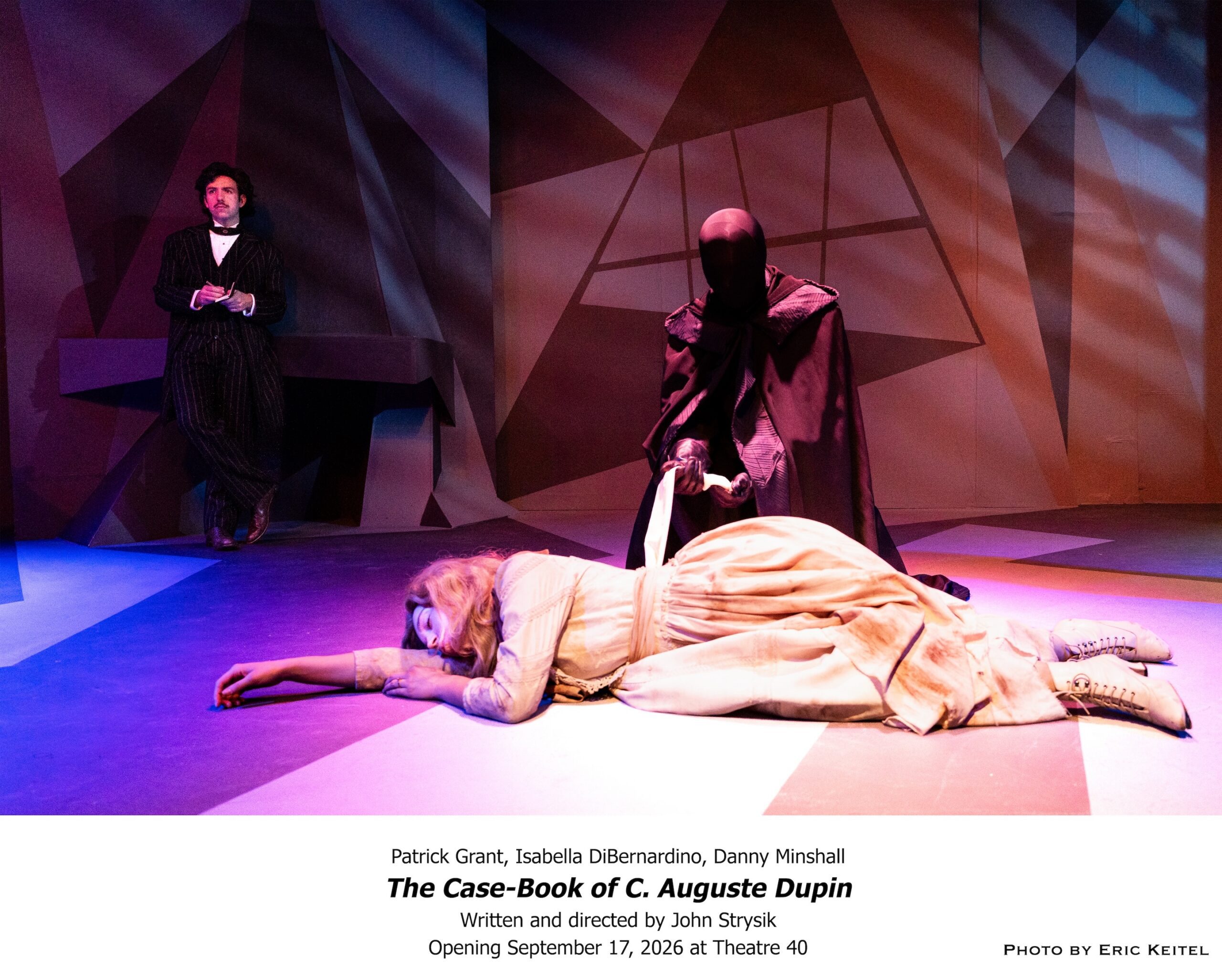 Patrick Grant, Isabella DiBernardino and Danny Minshall in Theatre 40’s The Case-Book of C. Auguste Dupin. Photo by Eric Keitel.