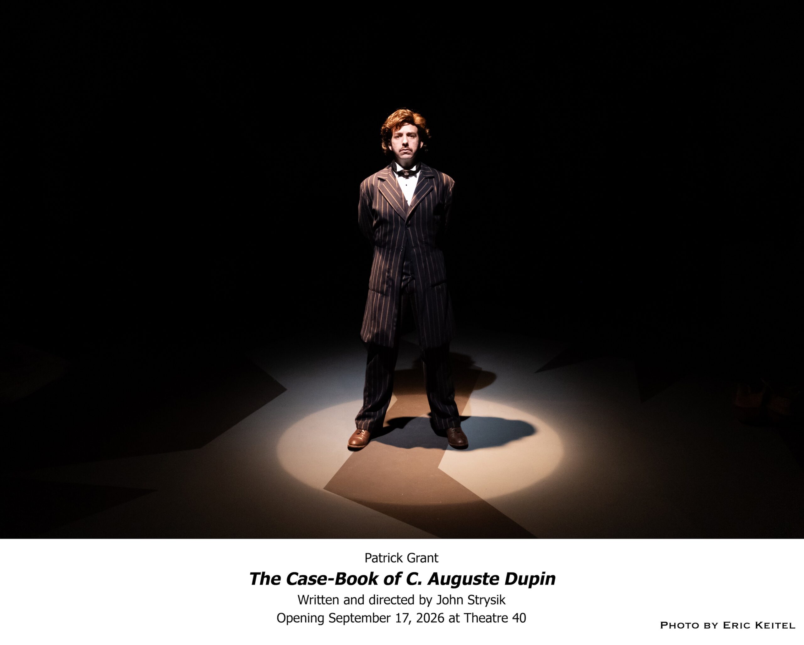 Patrick Grant stands alone in the spotlight in Theatre 40’s The Case-Book of C. Auguste Dupin. Photo by Eric Keitel
